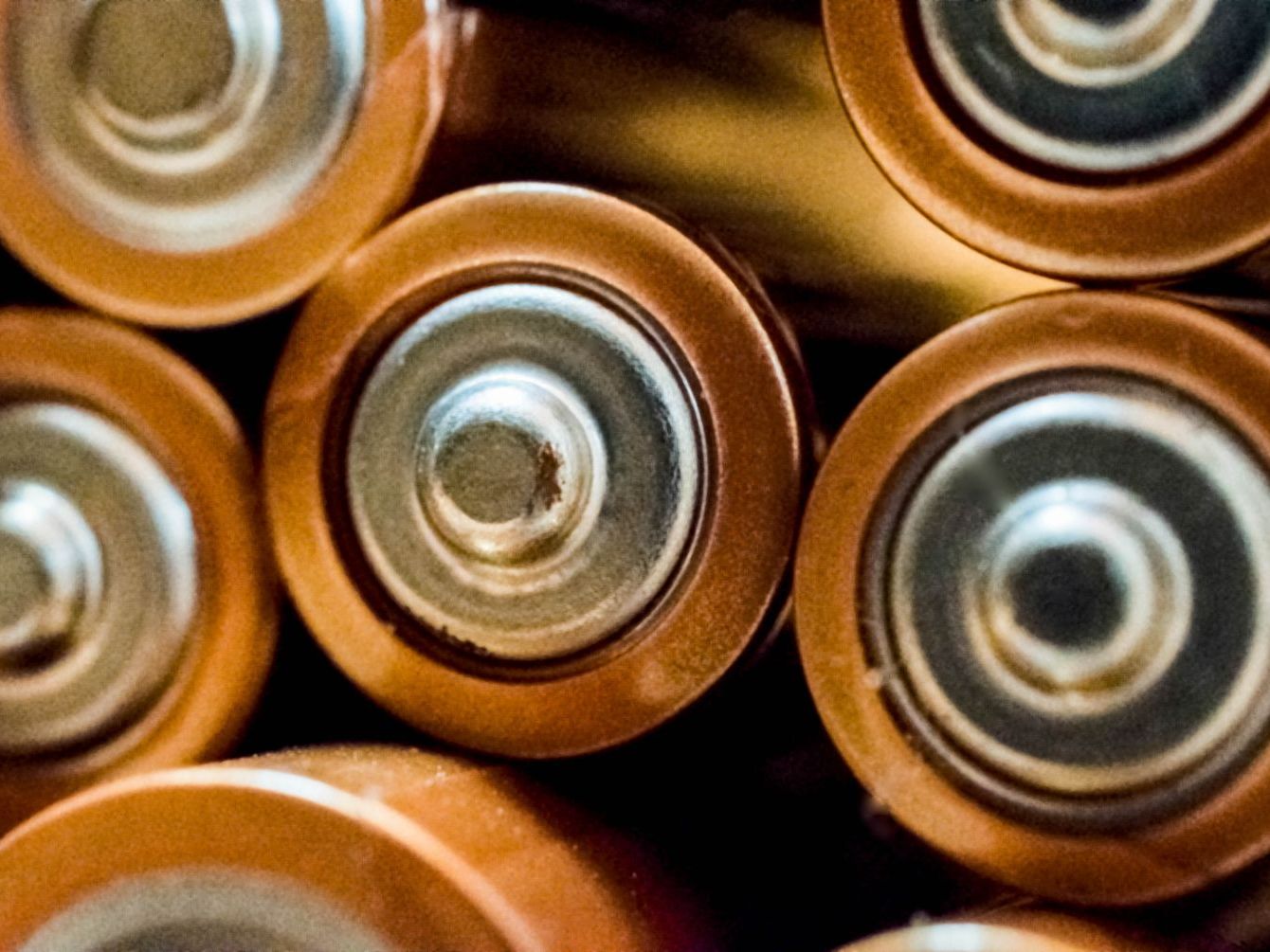 Close-up of cylindrical battery cells grouped together
