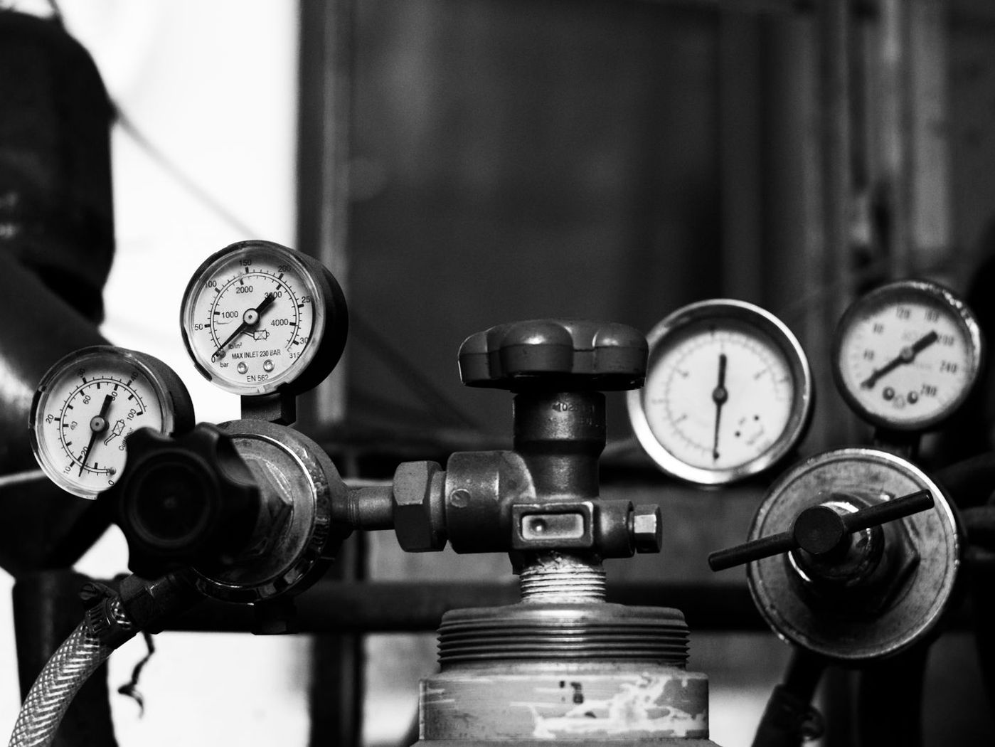 Pressure gauges on an industrial gas manifold